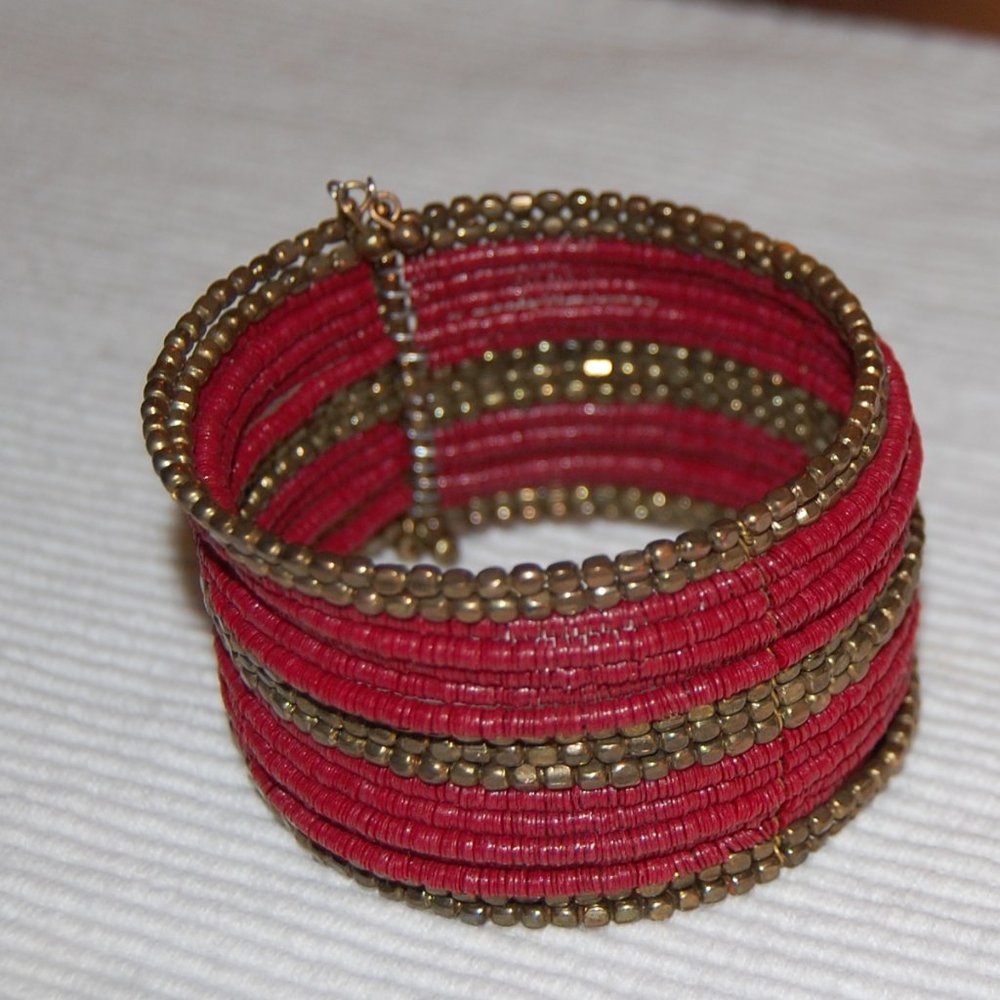 Deep Red/Bronze Seed Bead Cuff Bracelet  No Markings